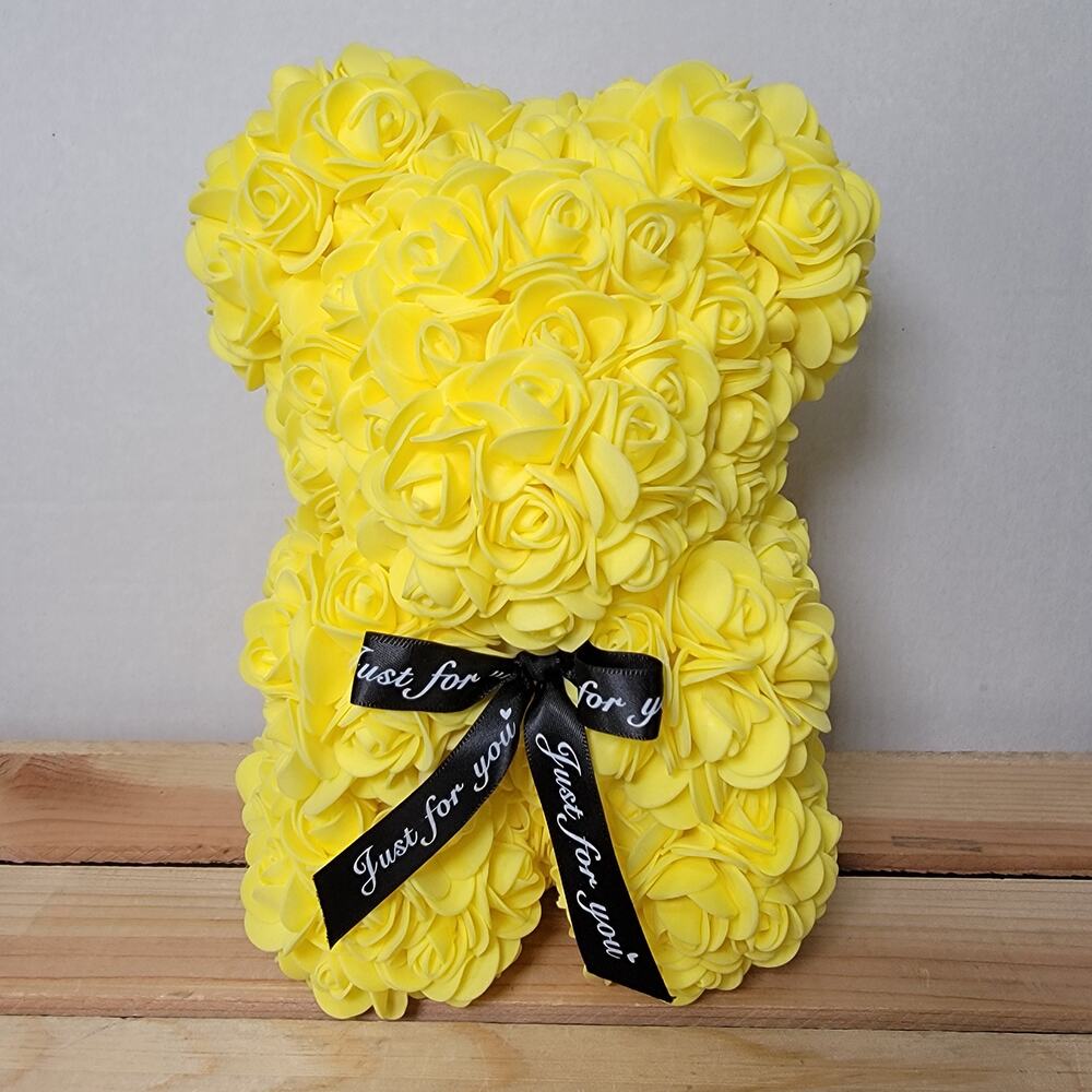 Yellow Foam Rose Teddy Bear w/ "Just For You" Ribbon